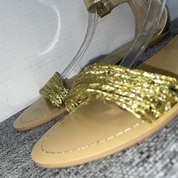 Nine‎ West Sandals Womens Size 10M Gold Metallic Ankle Strap Woven Flat Solitude - Picture 6 of 13